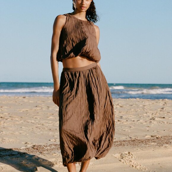 NWT ZARA WRINKLED EFFECT BALLOON MIDI SKIRT BROWN 7969/027 Sz-M - Picture 2 of 5